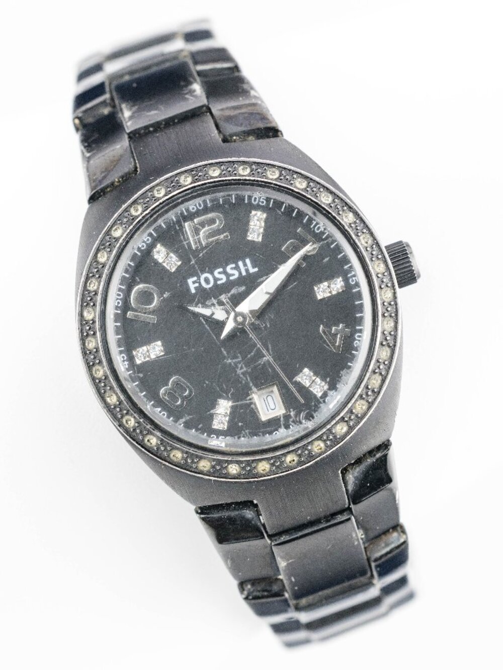 Fossil ES3655 Women's Black Crystal Date Quartz Analog Watch Fresh Battery